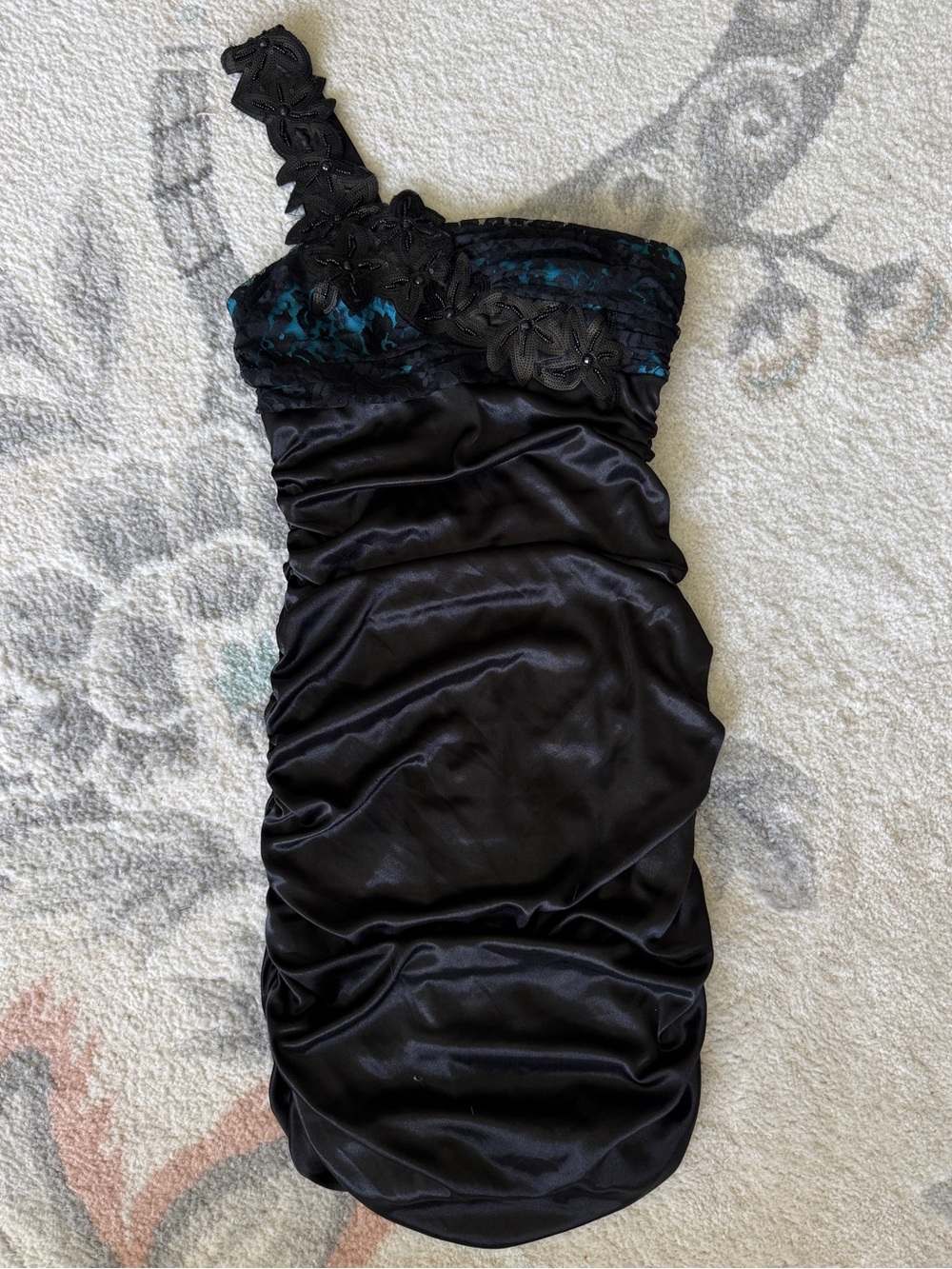 B. Smart Black One-Shoulder Cocktail Dress with Teal Lace